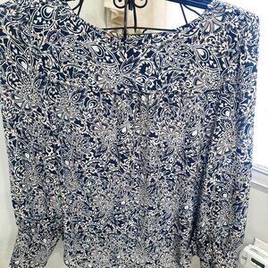 LOFT Paisley Mixed Media Career Top Long Sleeve with Button Detail Sz Large